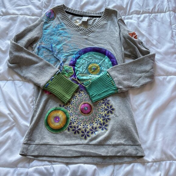 Desigual Sweaters - Vintage 90s Y2K Womens Size Small Gray Long Sleeve Blouse V Neck Hippie Boho
